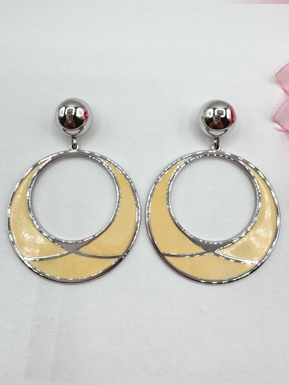 Vintage Monet Cream Enamel Hoop Dangle Earrings Big Bold Chic 80s 90s Runway